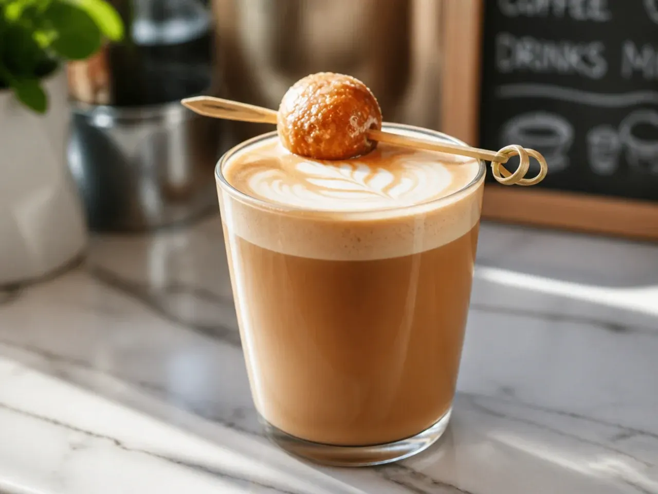 Flat white coffee in a small ceramic cup with smooth, glossy microfoam on top