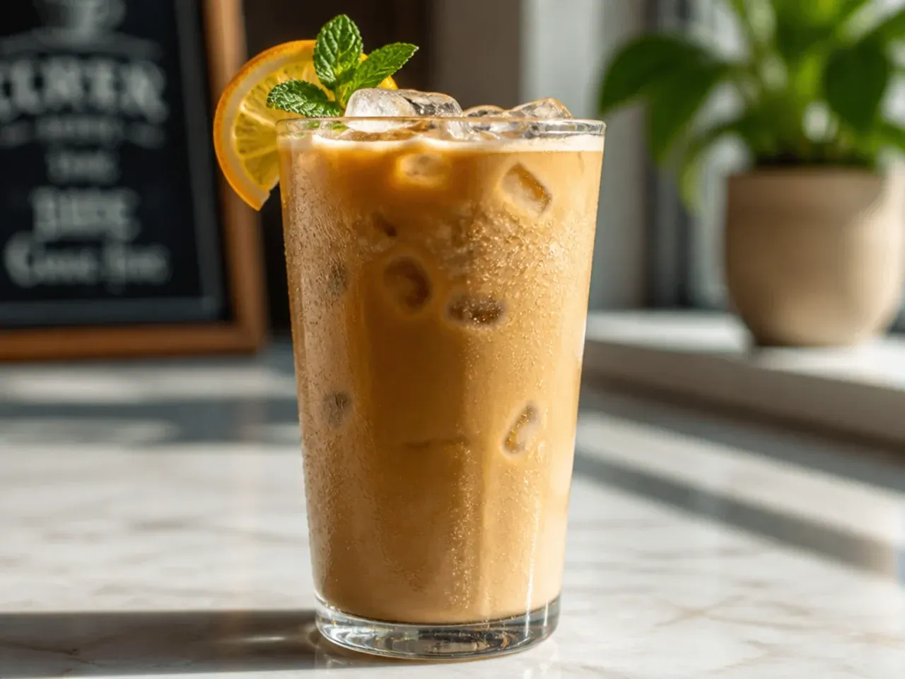 Iced toasted almond coffee in a glass with milk swirls and a few flaked almonds floating on top