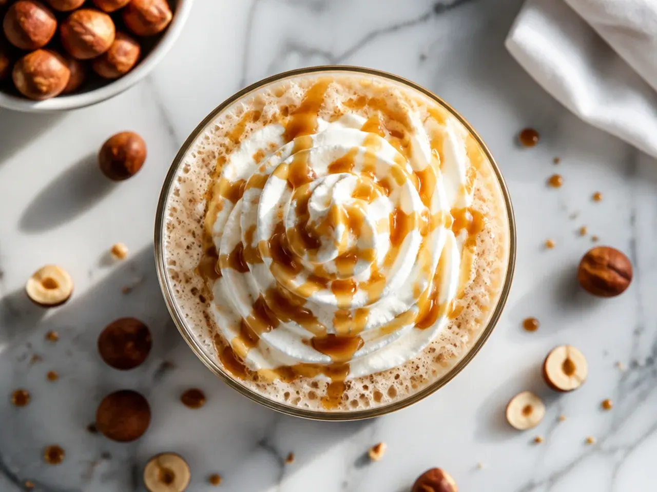 Mug of hazelnut coffee with cream swirled through, steam rising
