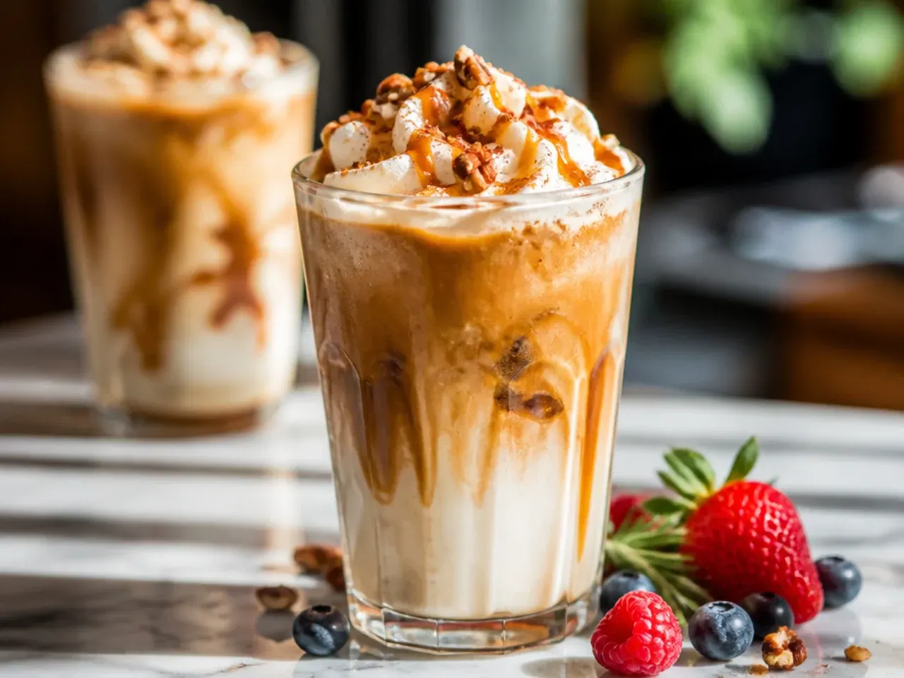 Butter pecan swirl latte in a mug with syrup swirled across the foam and chopped pecans on top