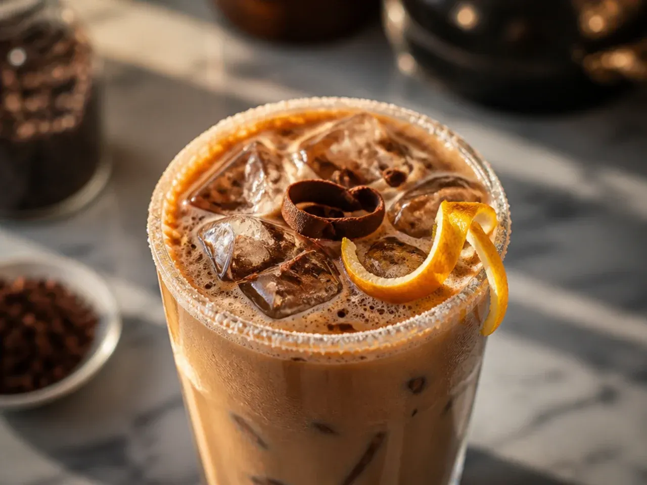 Creamy mocha latte in a glass mug topped with whipped cream and a dusting of cocoa powder