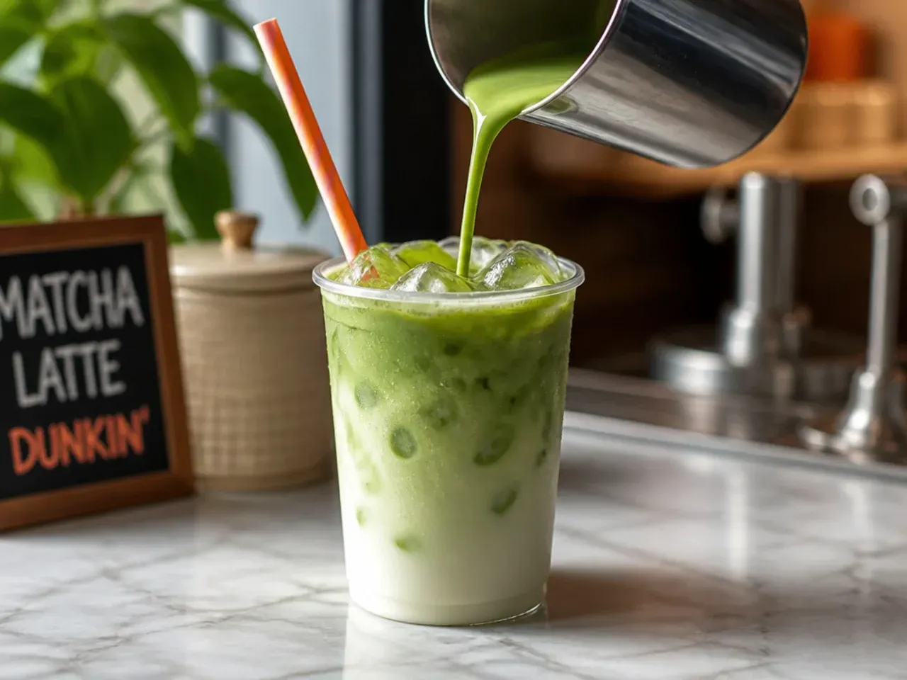 Iced matcha latte in a glass with visible bright green matcha swirling into milk over ice