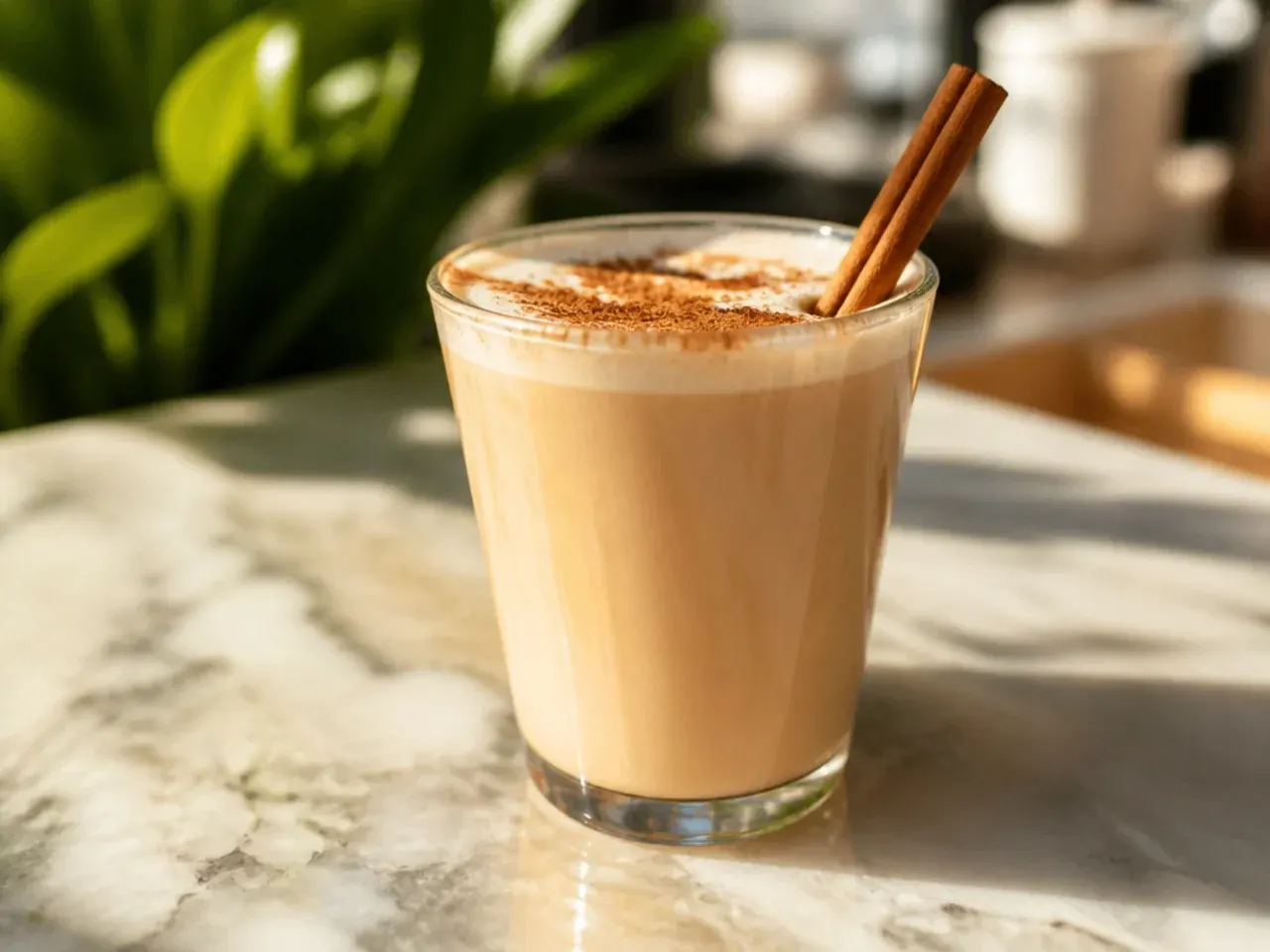 Chai latte in a mug with cinnamon sprinkled on the foam, steam rising