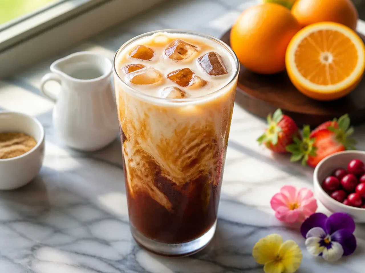 Cold brew coffee with a thick layer of sweet cream floating on top before stirring
