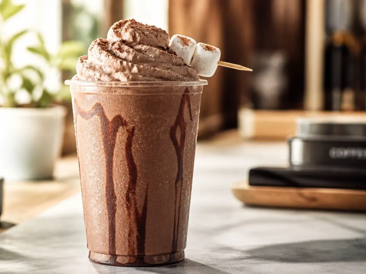 Frozen hot chocolate in a tall glass topped with whipped cream and chocolate shavings