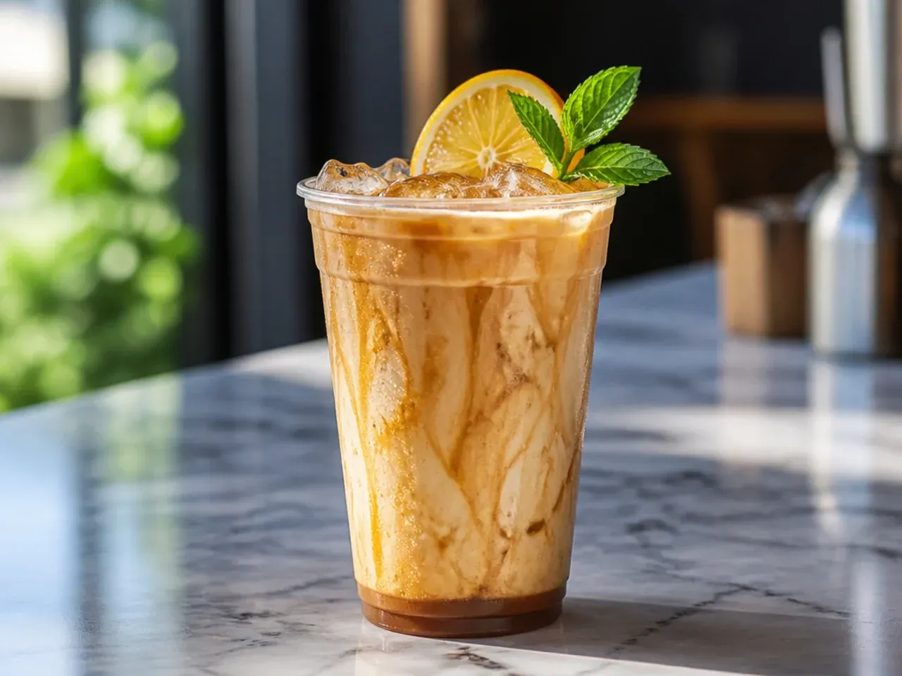 Iced vanilla latte in a glass with visible vanilla bean flecks and milk swirling over ice