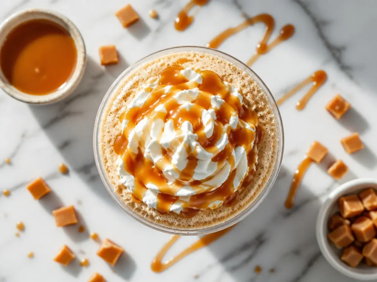 Blended caramel Coolatta in a tall cup with caramel drizzle around the rim and a wide straw