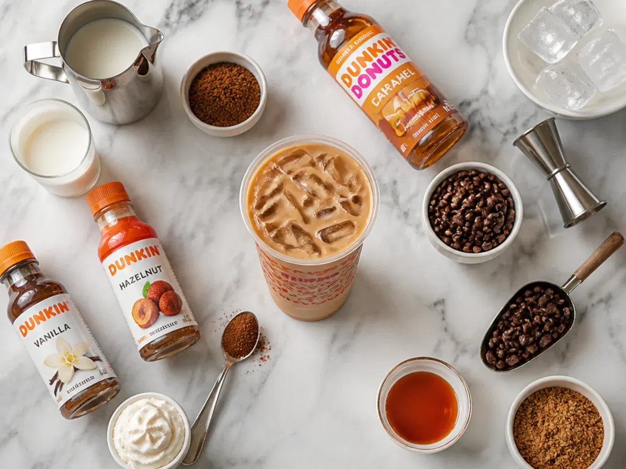 Small glass bottles of homemade coffee syrup and simple syrup lined up on a kitchen counter