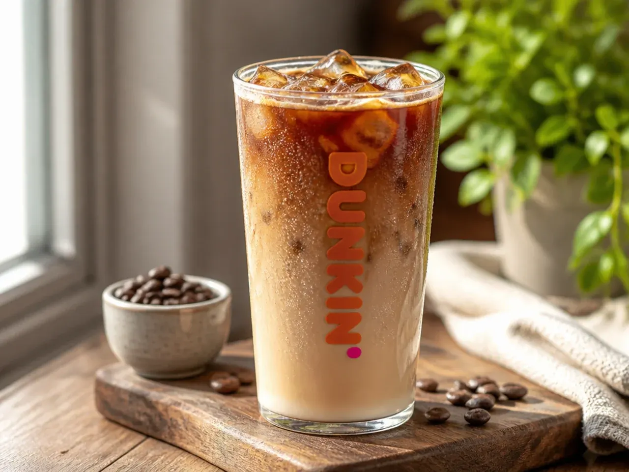 Several finished copycat Dunkin drinks garnished with whipped cream and drizzle, ready to serve