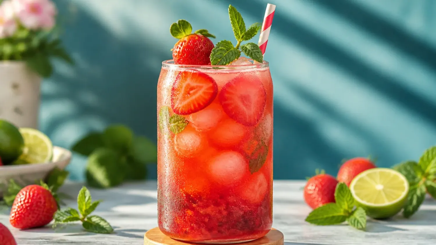 A tray of colourful non-alcoholic drinks in glasses with mint, citrus wedges and ice, set on a wooden table.