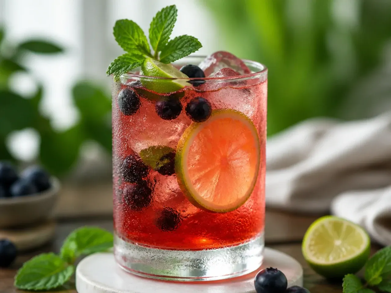 Overhead shot of several non-alcoholic drinks in different glasses garnished with fruit and mint.