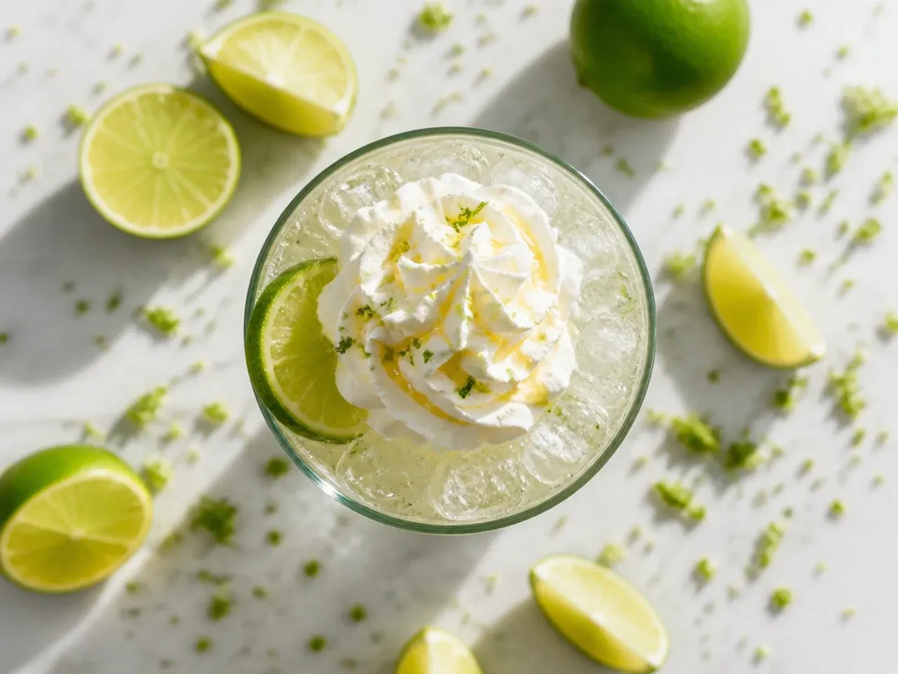 Tall glass of iced lime cooler with soda water bubbles and a lime wheel garnish.
