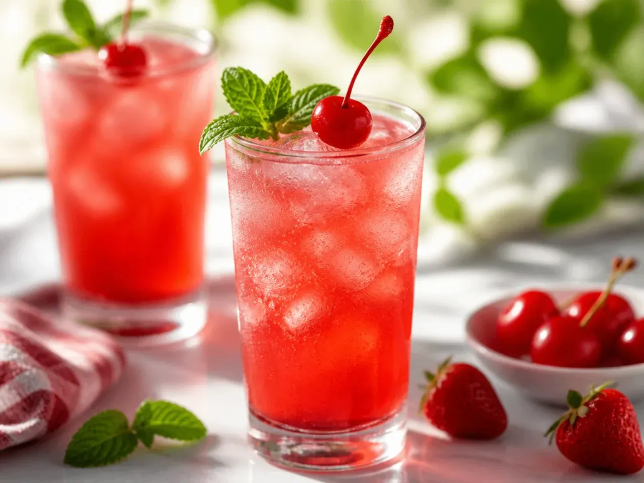 Shirley Temple mocktail in a highball glass showing a red-to-gold gradient with a cherry garnish.