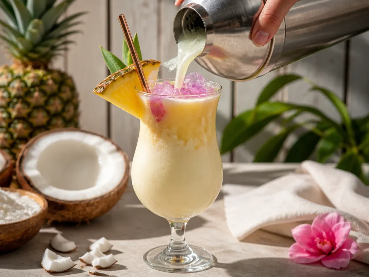 Creamy pina colada mocktail in a hurricane glass topped with toasted coconut and a pineapple wedge.