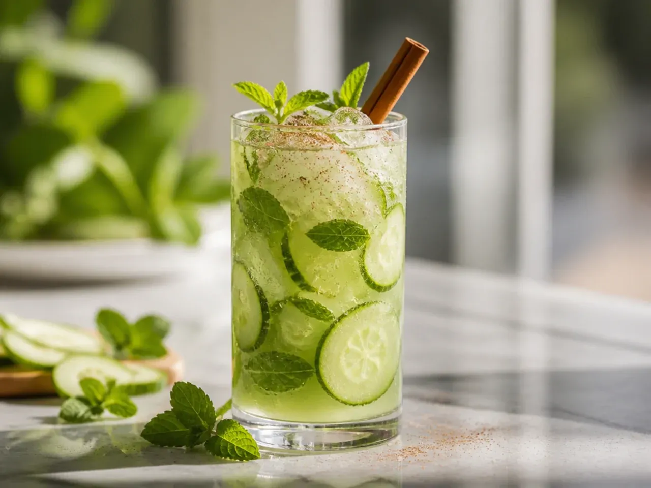 Cucumber mint cooler in a glass with cucumber ribbons and mint sprigs floating on top.
