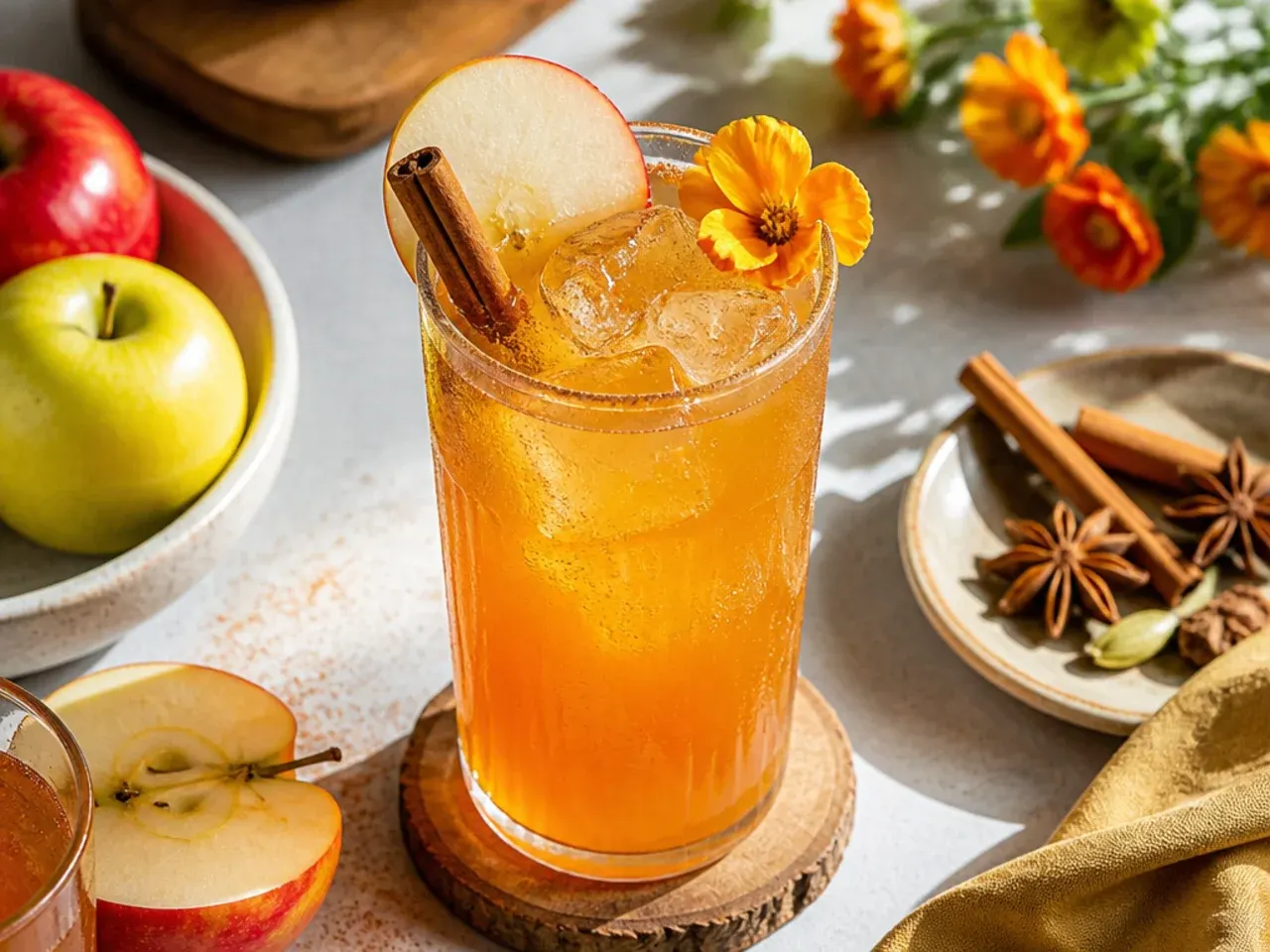 Steaming mug of spiced apple cider with a cinnamon stick and orange peel garnish.