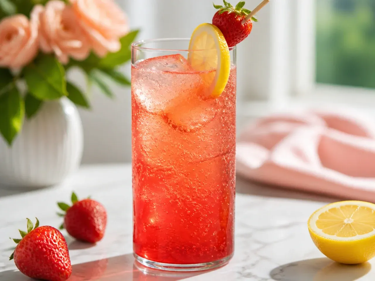 Pink strawberry lemonade fizz in a mason jar with a straw and fresh strawberry garnish.