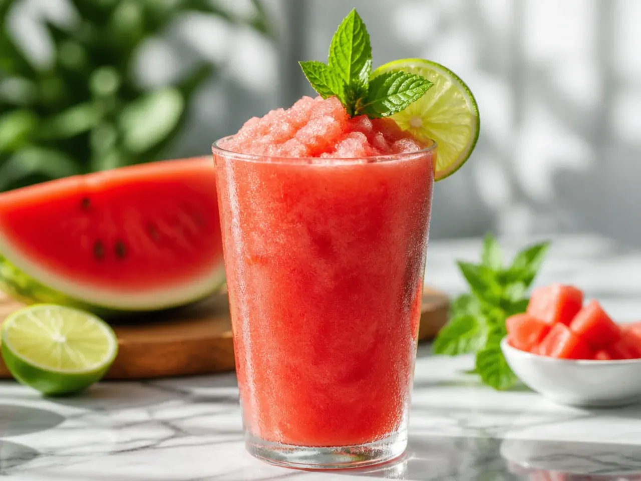 Bright pink watermelon slush in a glass with a salted rim and a watermelon wedge garnish.