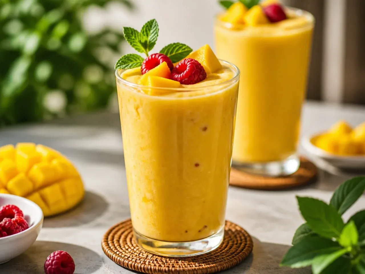 Creamy orange mango lassi in a glass with a dusting of cardamom on top.