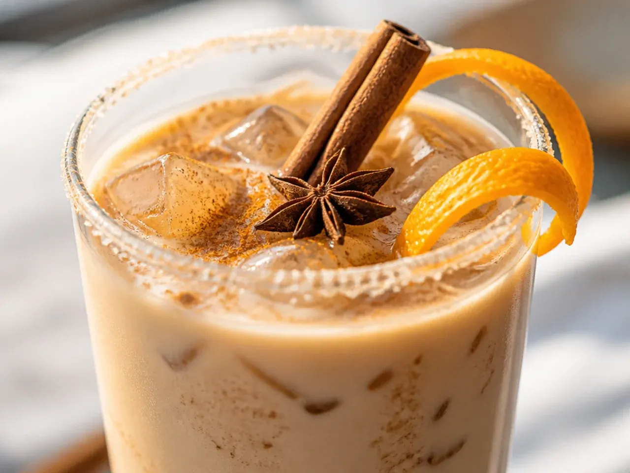 Chai latte in a glass mug with visible milk froth and a dusting of cinnamon.