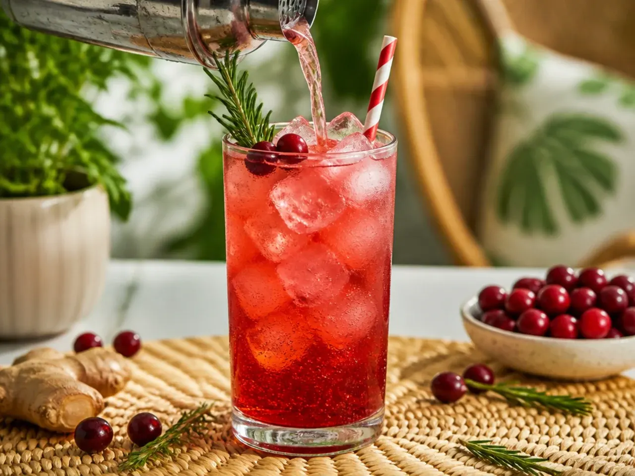 Cranberry ginger fizz in a champagne flute with floating cranberries and a rosemary sprig.