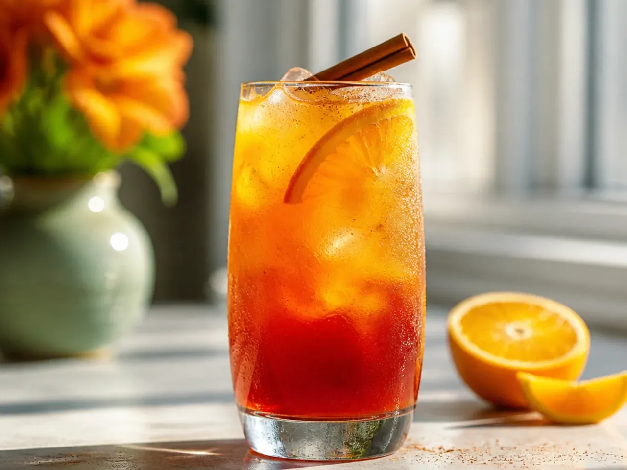 Layered sunset citrus cooler showing a clear gradient from red to orange in a tall glass.