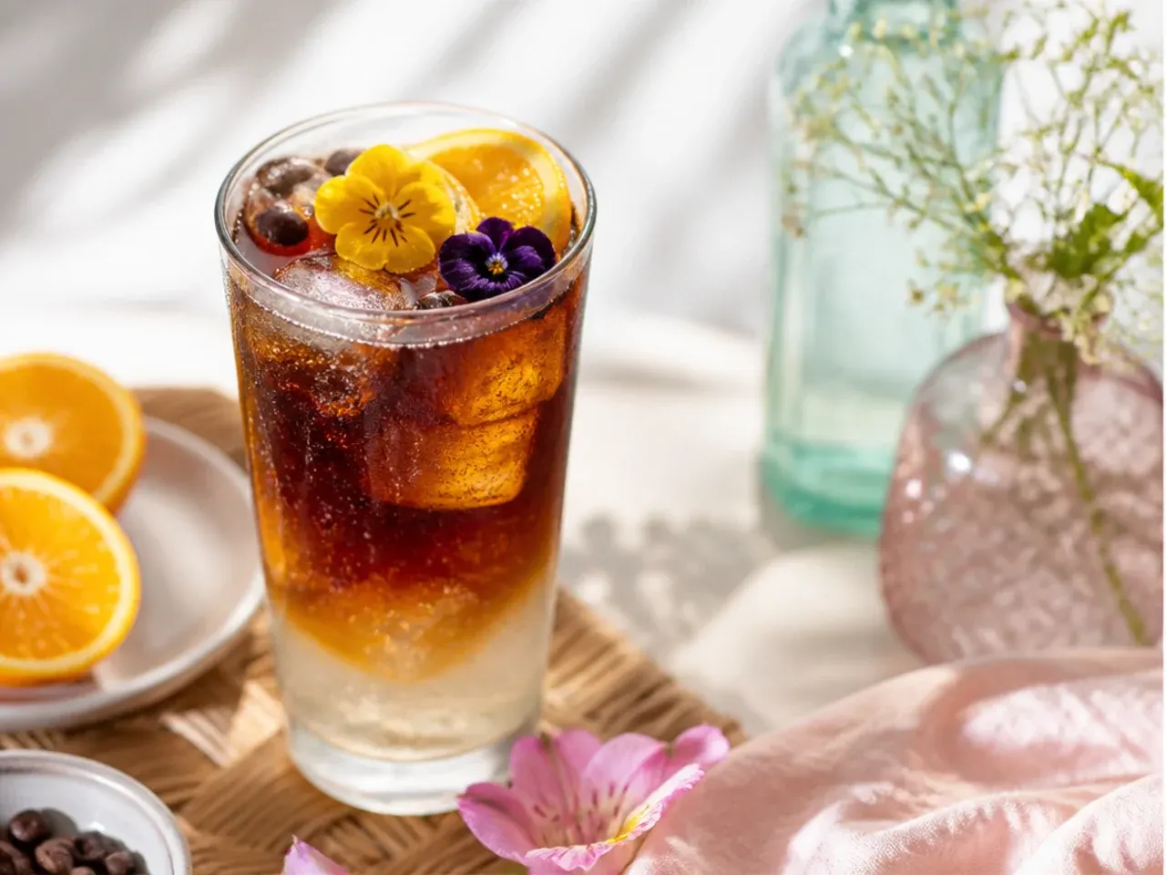 Espresso tonic in a rocks glass showing dark coffee swirling into clear tonic over ice.