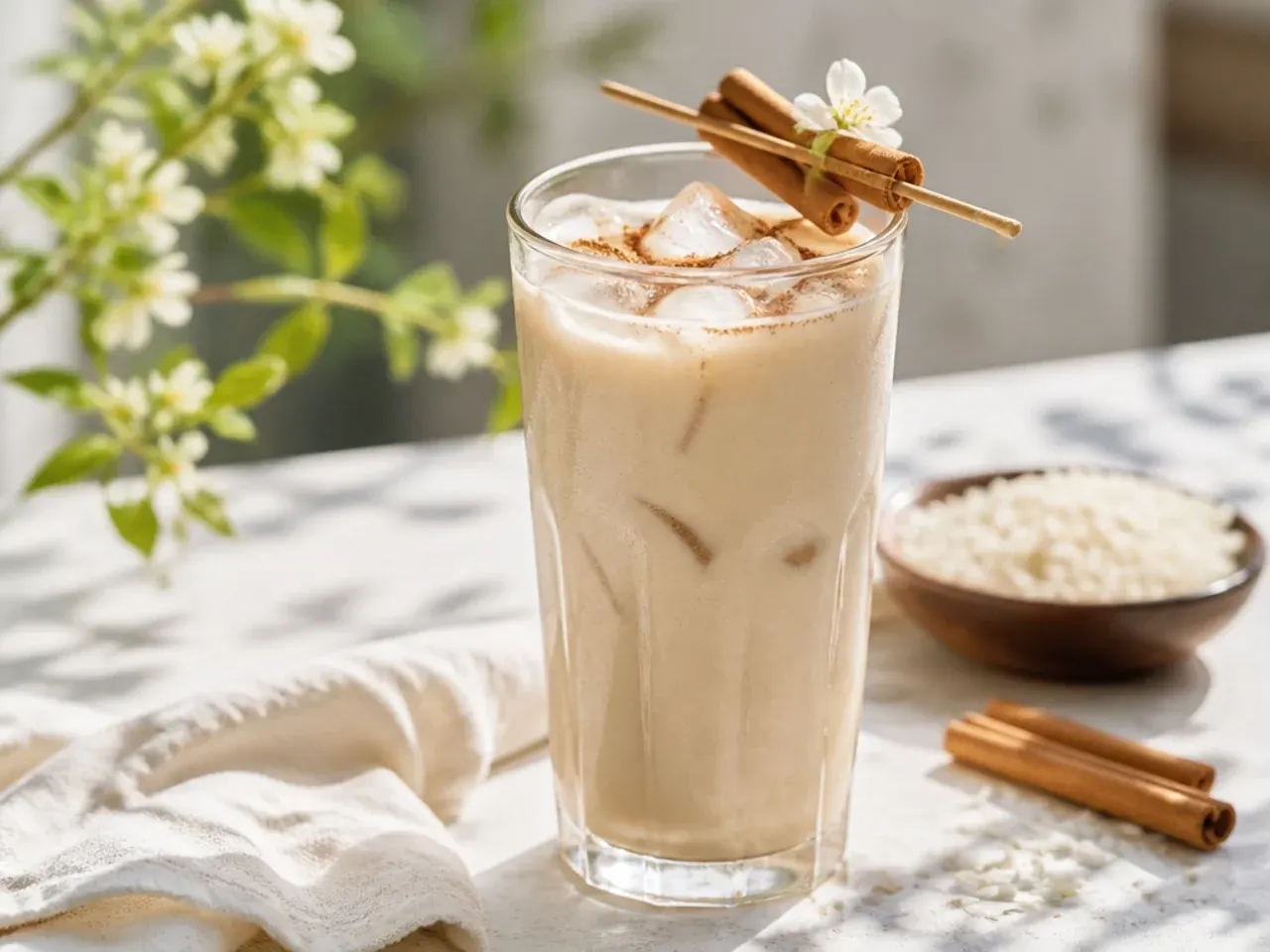 Smooth vanilla horchata in a tall glass with a dusting of ground cinnamon on top.