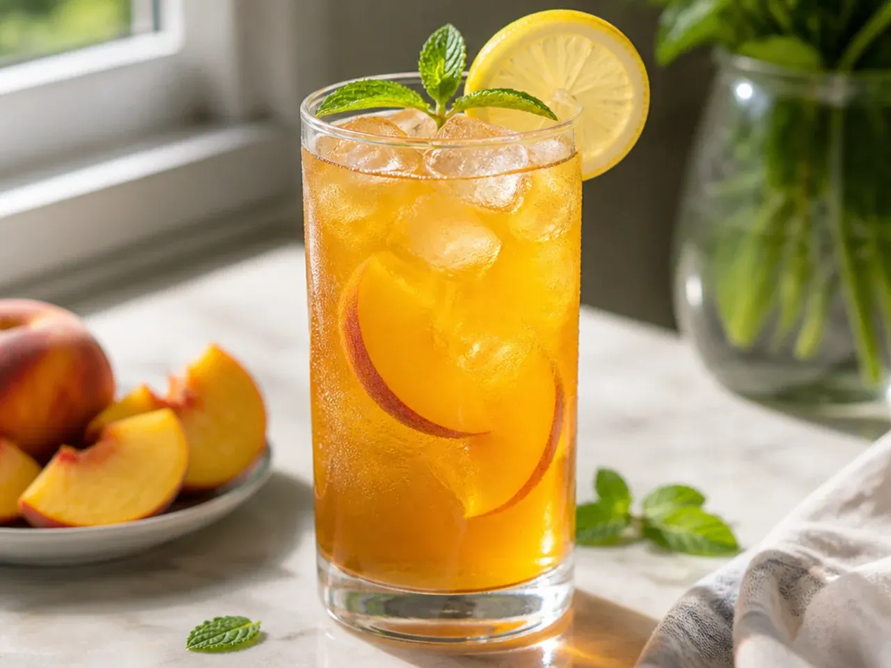 Iced peach green tea in a mason jar with peach slices and ice.