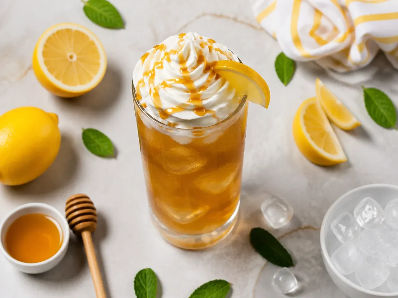 Classic Arnold Palmer in a glass with a lemon wheel garnish, showing the tea-lemonade split.