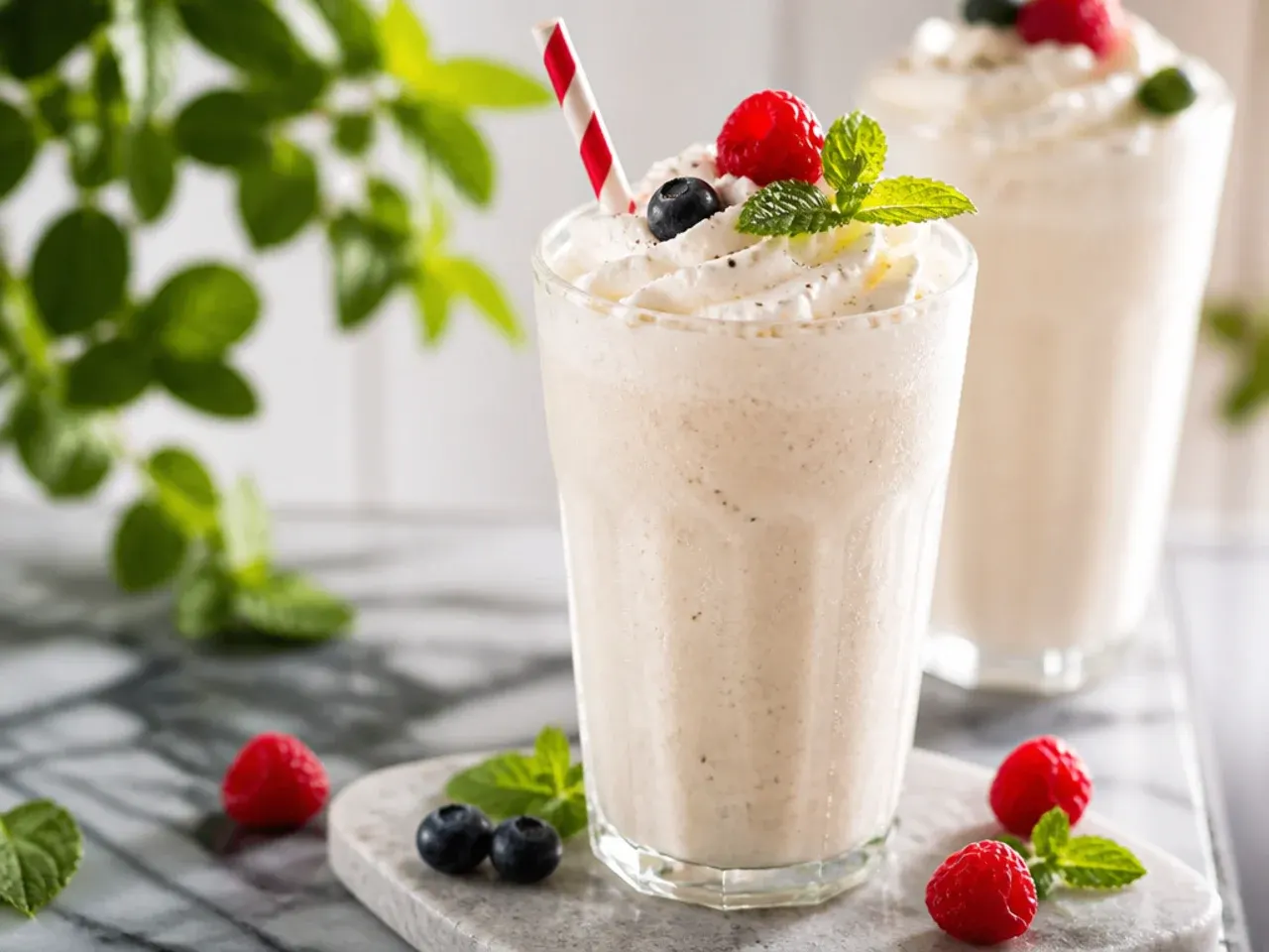 Vanilla bean frappe in a plastic cup with whipped cream and visible vanilla bean flecks.