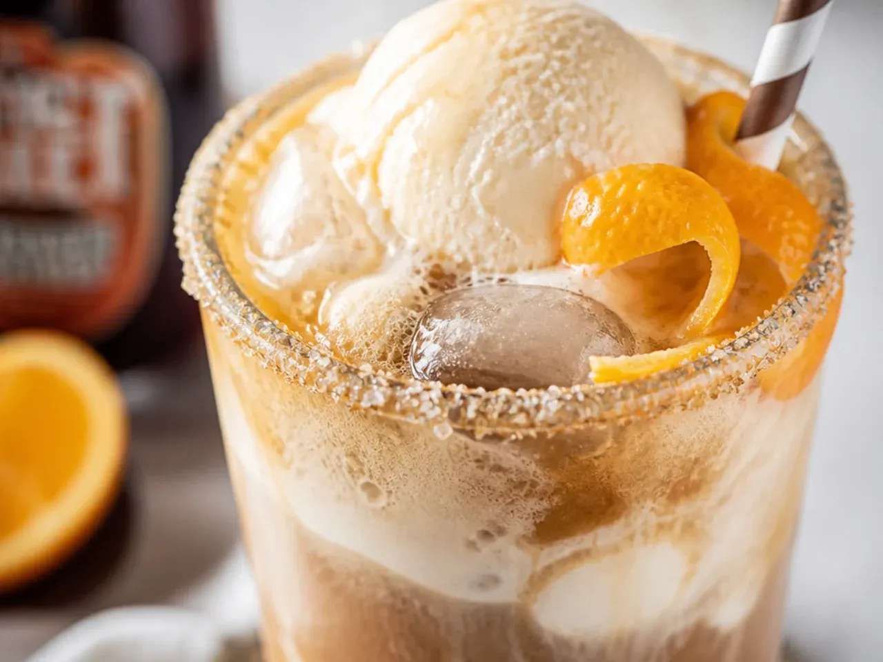 Root beer float in a tall glass with vanilla ice cream and foam spilling over the top.