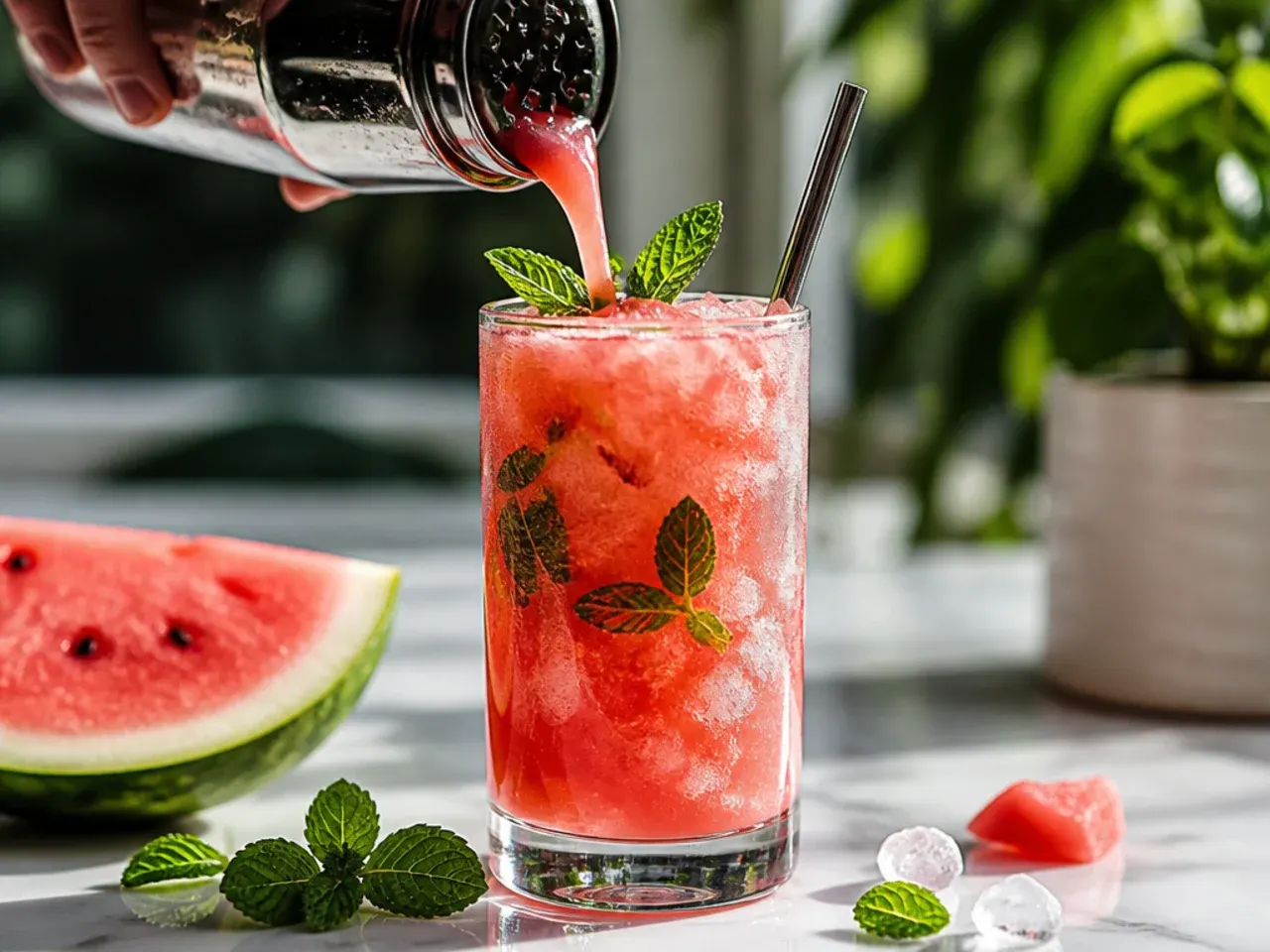 Watermelon mint agua fresca in a pitcher and glass with mint leaves floating on top.