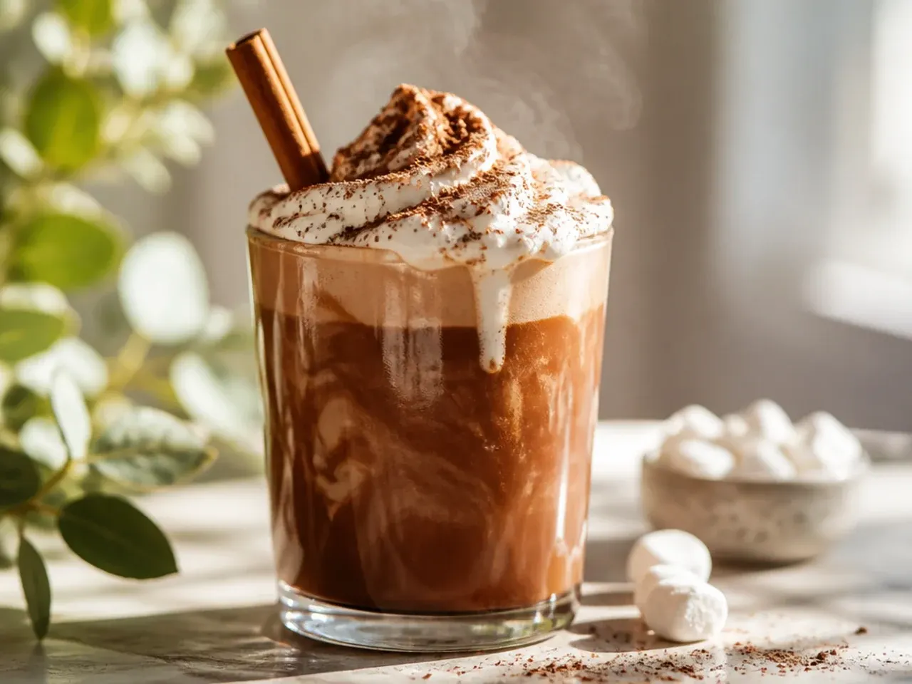 Rich hot chocolate in a mug topped with a swirl of marshmallow cream and cocoa dust.