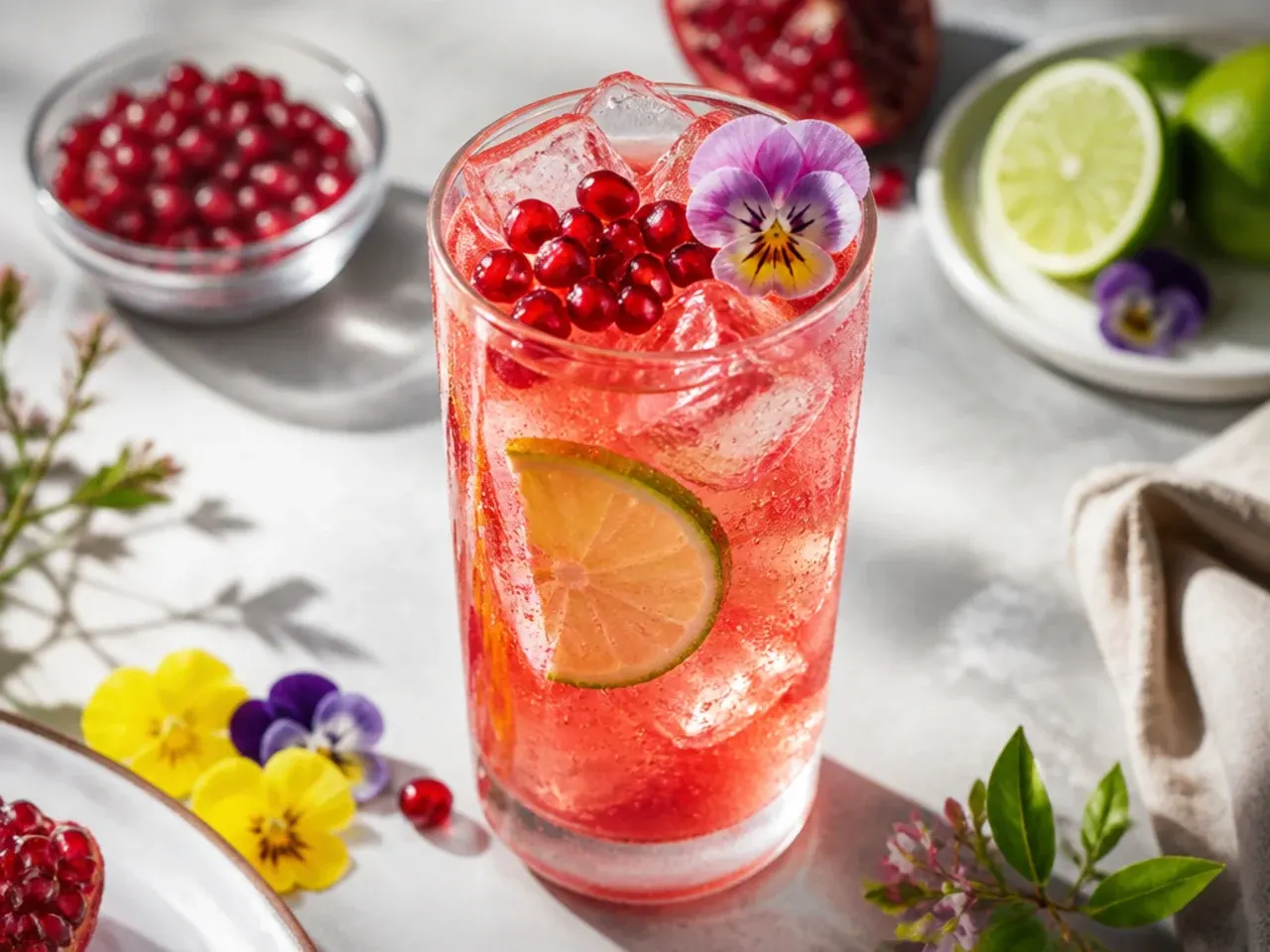 Pomegranate spritzer in a coupe glass with pomegranate seeds floating on top.