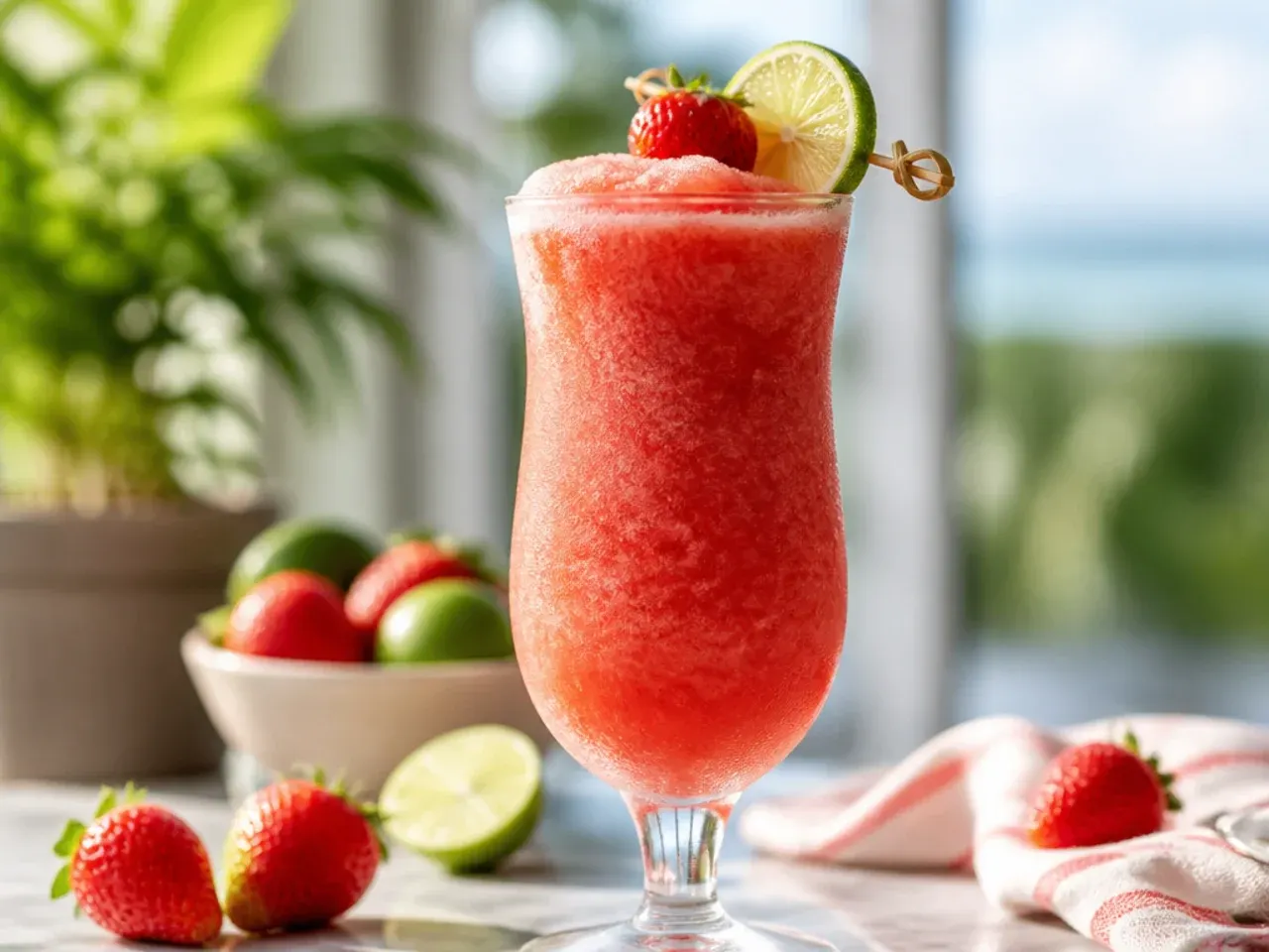 Frozen strawberry daiquiri mocktail in a sugar-rimmed glass with a strawberry garnish.