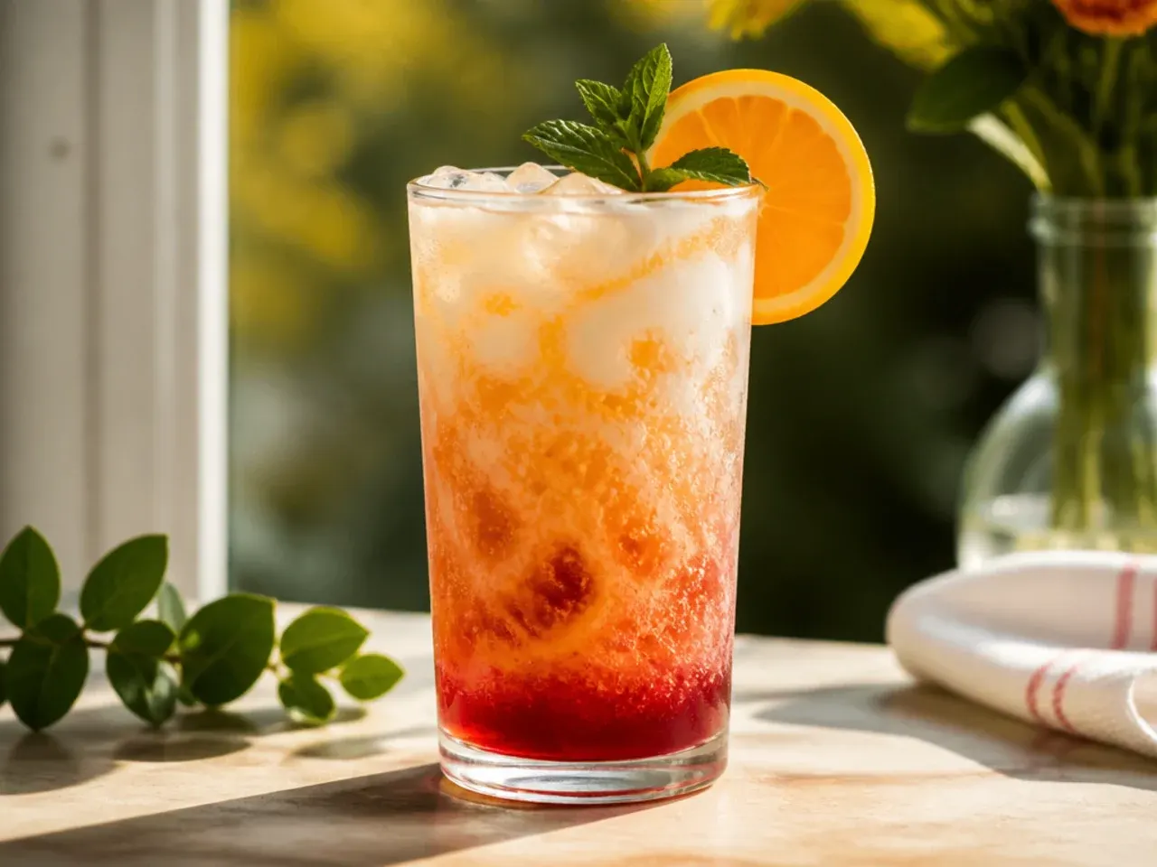 Italian cream soda in a tall glass showing cream swirling through pink syrup and soda water.