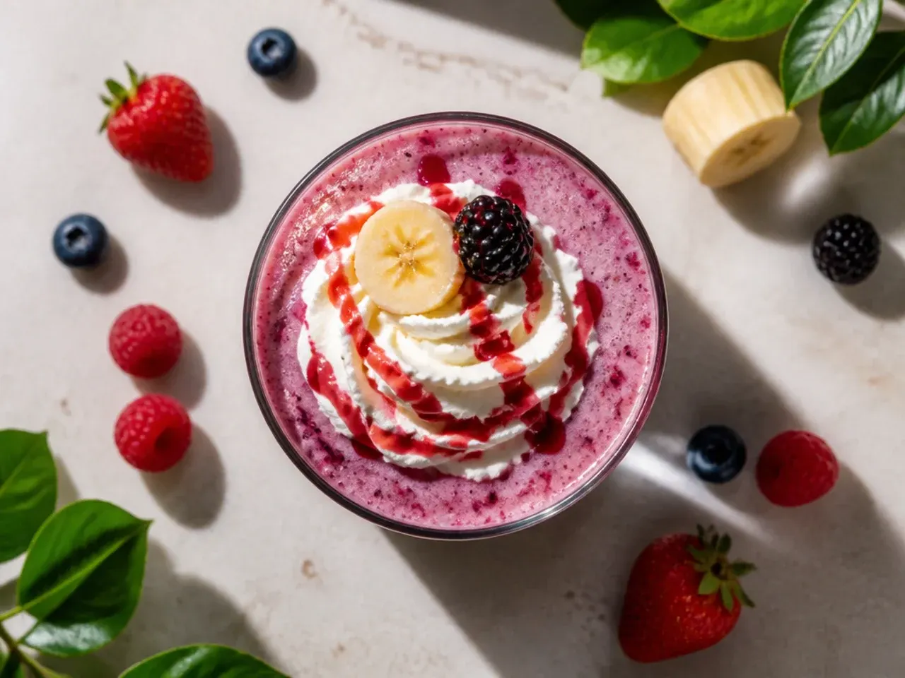 Berry banana smoothie cooler in a glass with a straw and fresh berries scattered around.