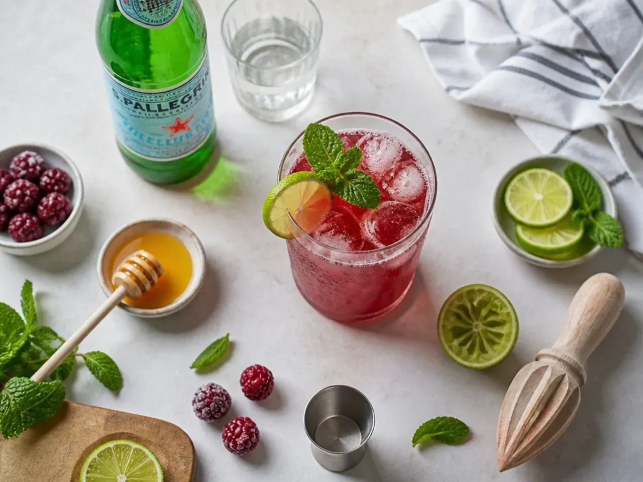 Close-up of hands building a mocktail over ice with a jigger and fresh mint.