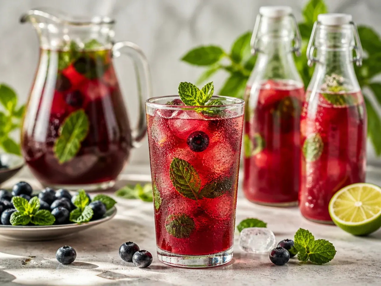 Large batch drink dispenser filled with juice and fruit slices next to empty glasses and a bottle of soda water.