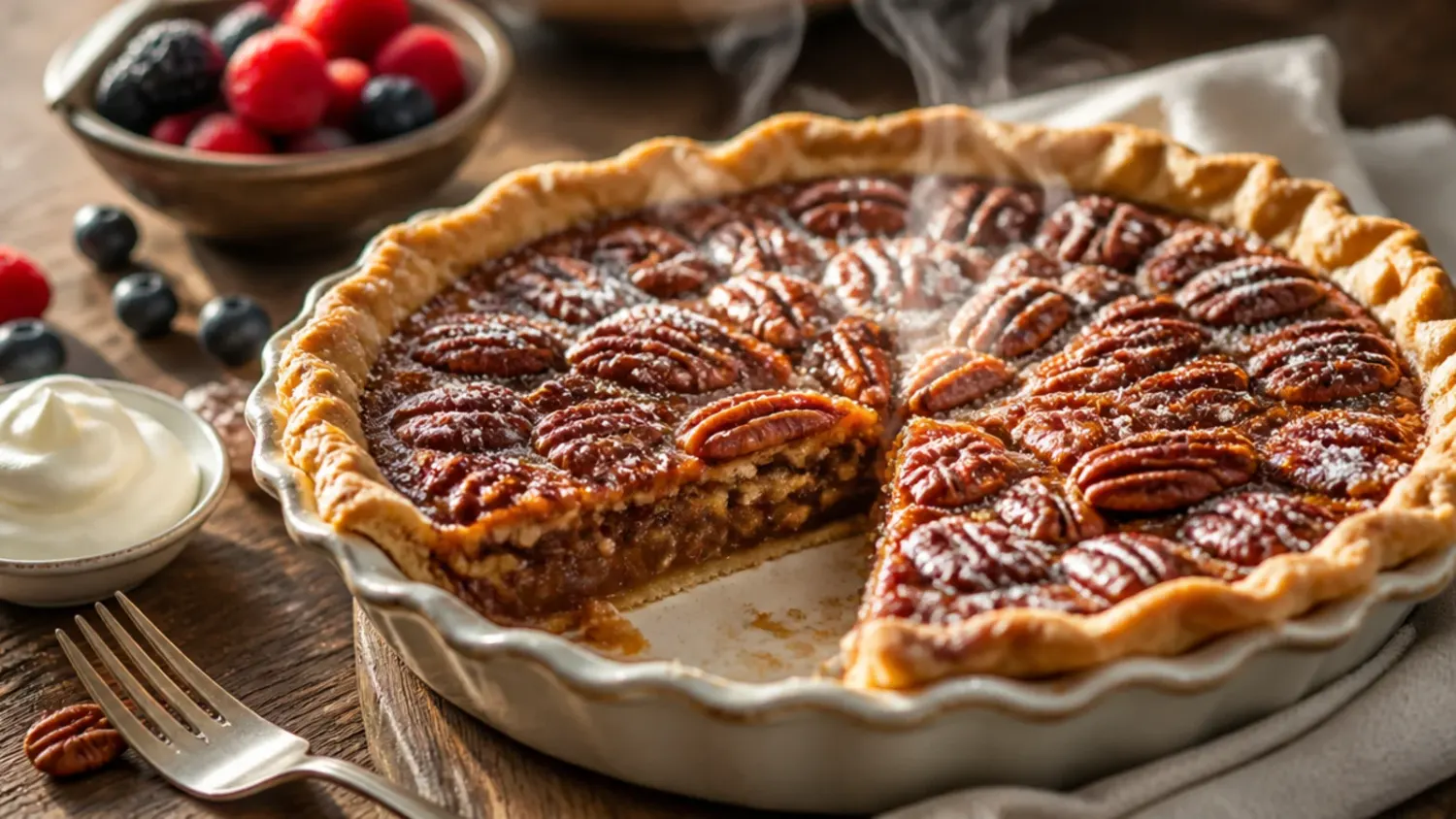 Overhead shot of a whole pecan pie with glossy caramel filling and toasted pecan halves arranged in rings