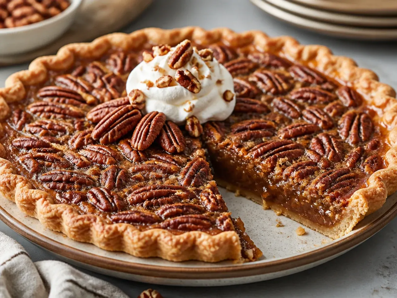 Overhead shot of a whole pecan pie with glossy filling and pecan halves arranged in rings
