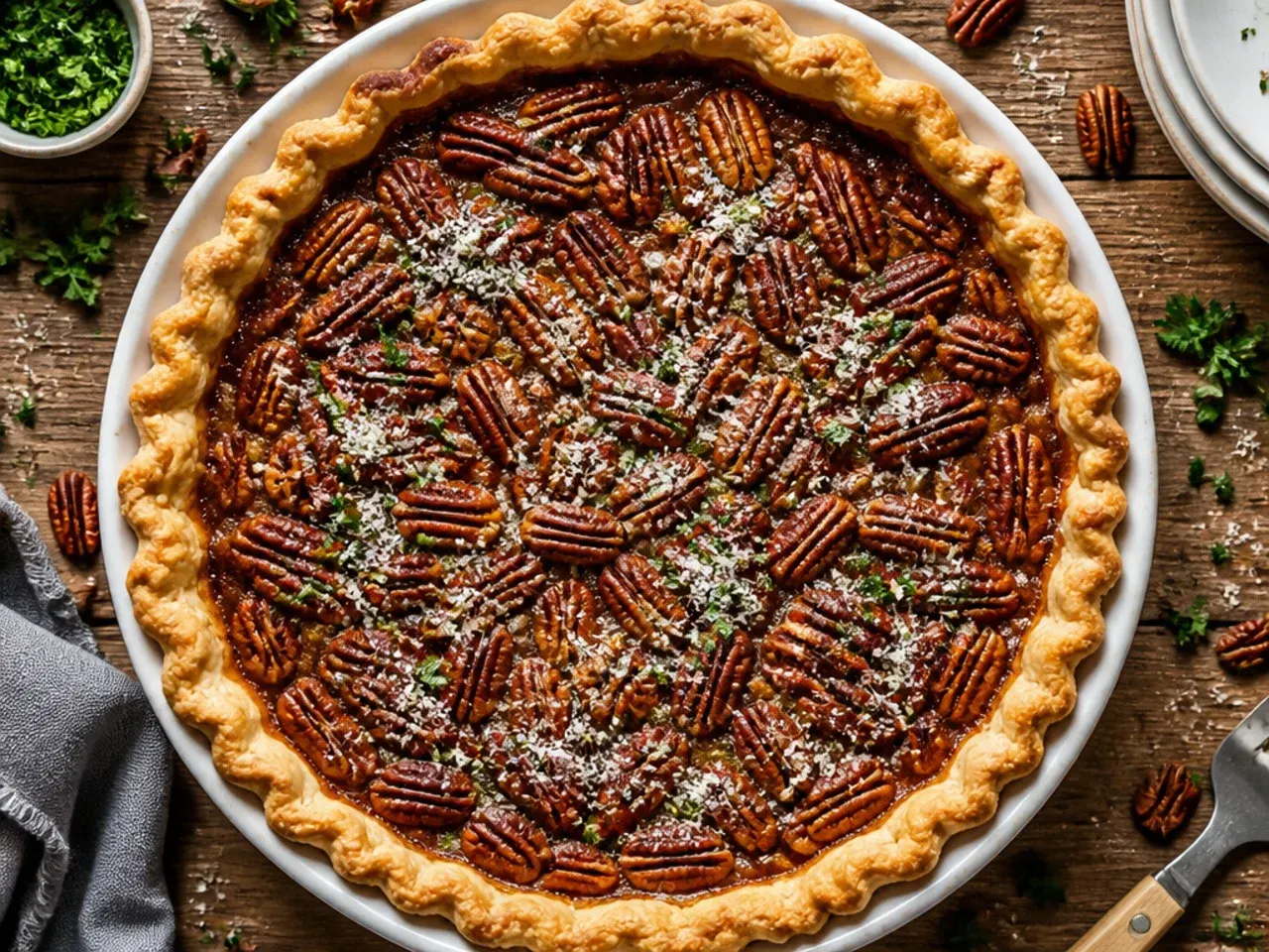 Slice of classic Southern pecan pie on a plate showing the set caramel filling