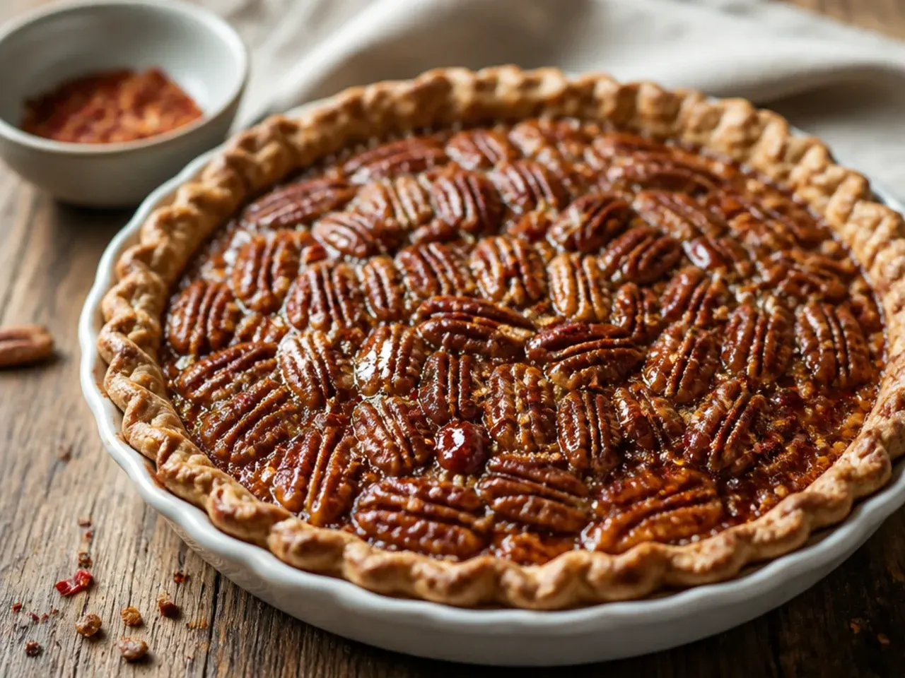 Easy pecan pie fresh out of the oven in a simple shortcrust case
