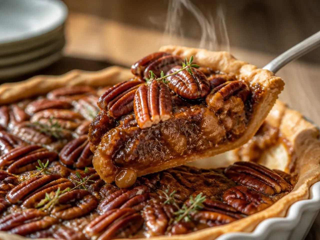 Bourbon pecan pie with a deep amber filling and a sprinkle of flaky salt