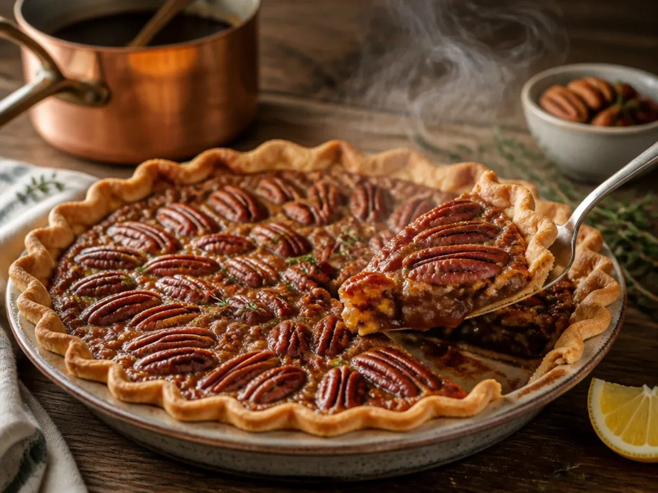 Maple pecan pie with a glossy top dusted with a little cinnamon