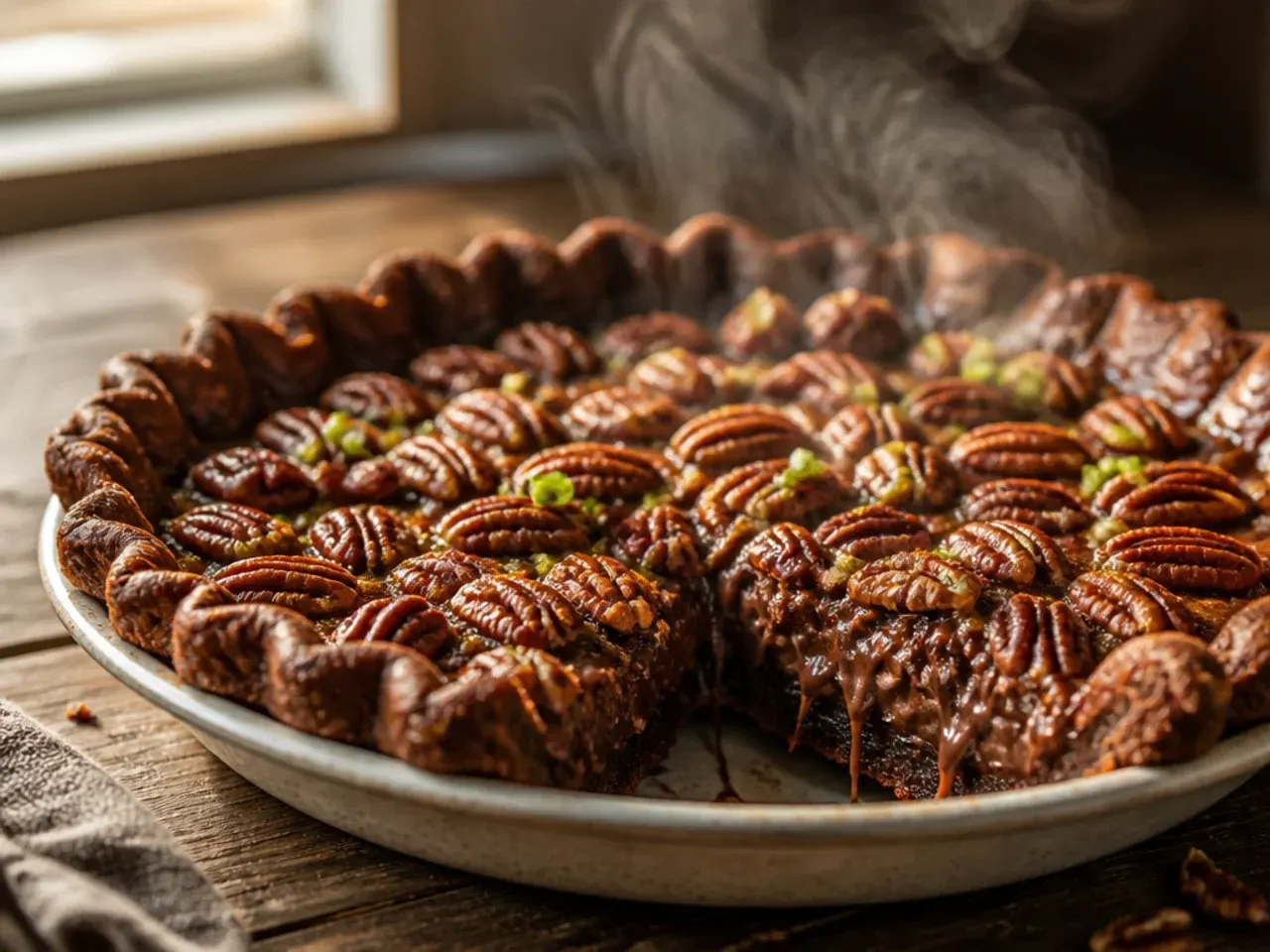 Chocolate pecan pie slice showing melted chocolate pockets through the filling