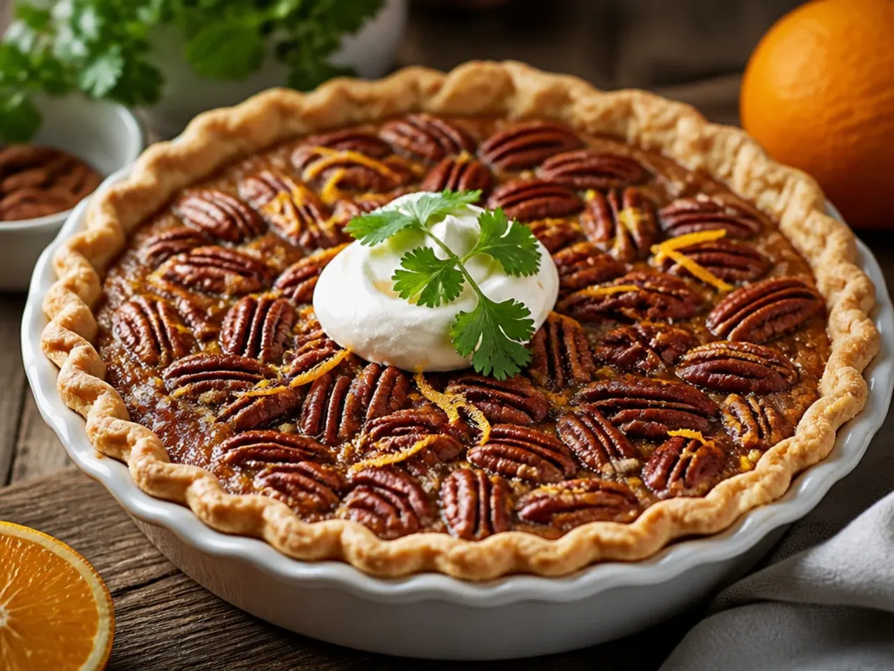 Orange-spiced pecan pie topped with whipped cream and orange zest