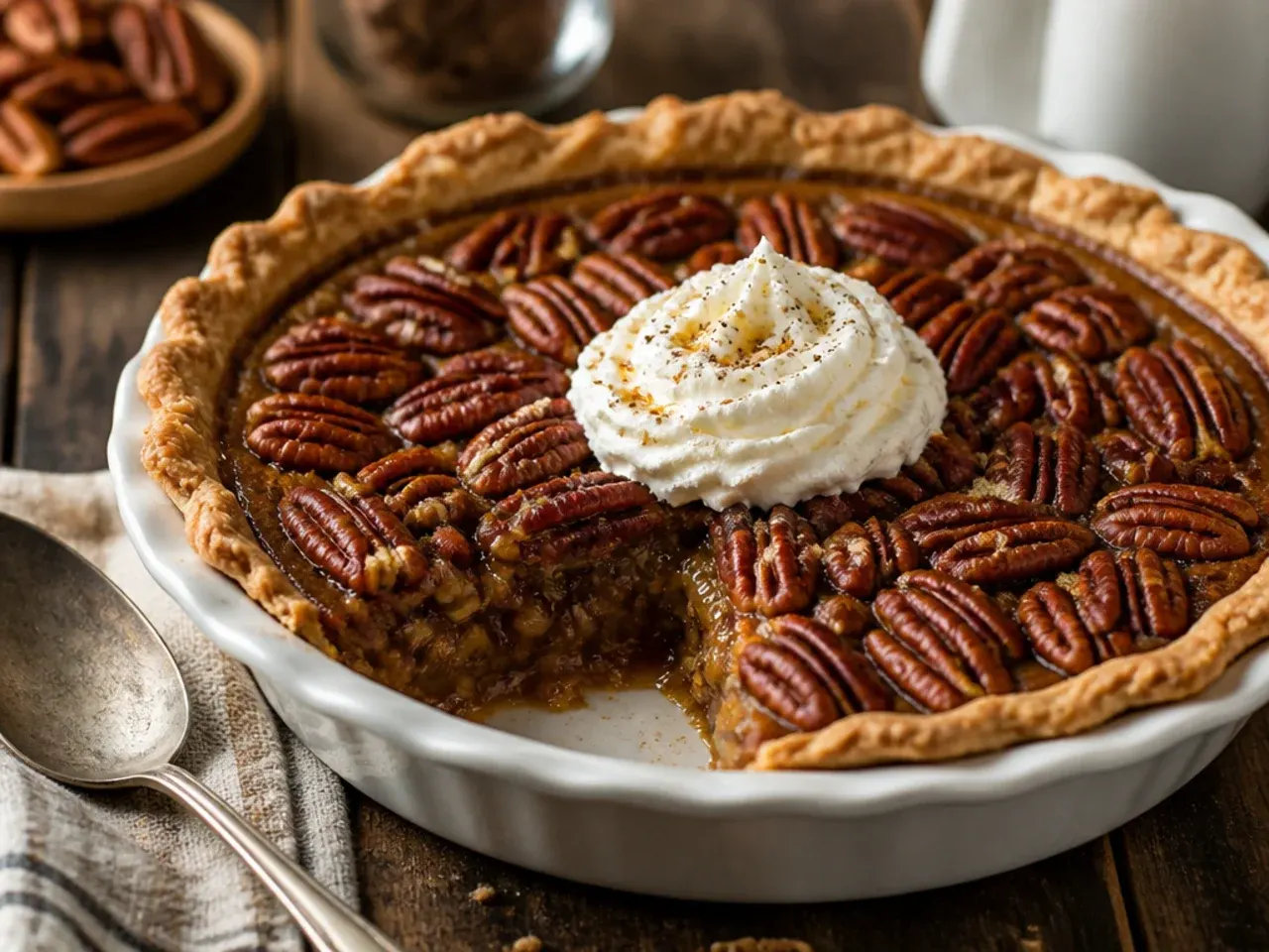 Honey pecan pie with a deep golden, glossy top