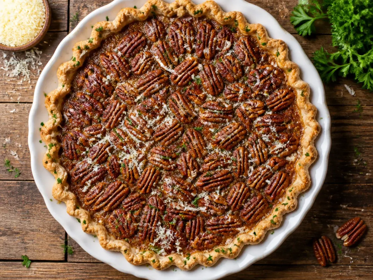 Simple budget pecan pie with chopped pecans folded through the filling